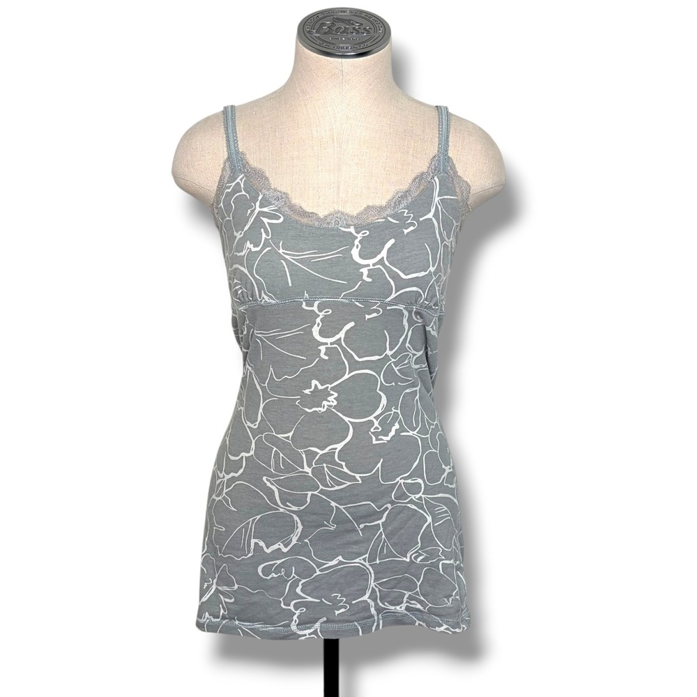 Y2k American Eagle Outfitters Grey Floral Lace Trim Cami Tank Top Sz M Babydoll